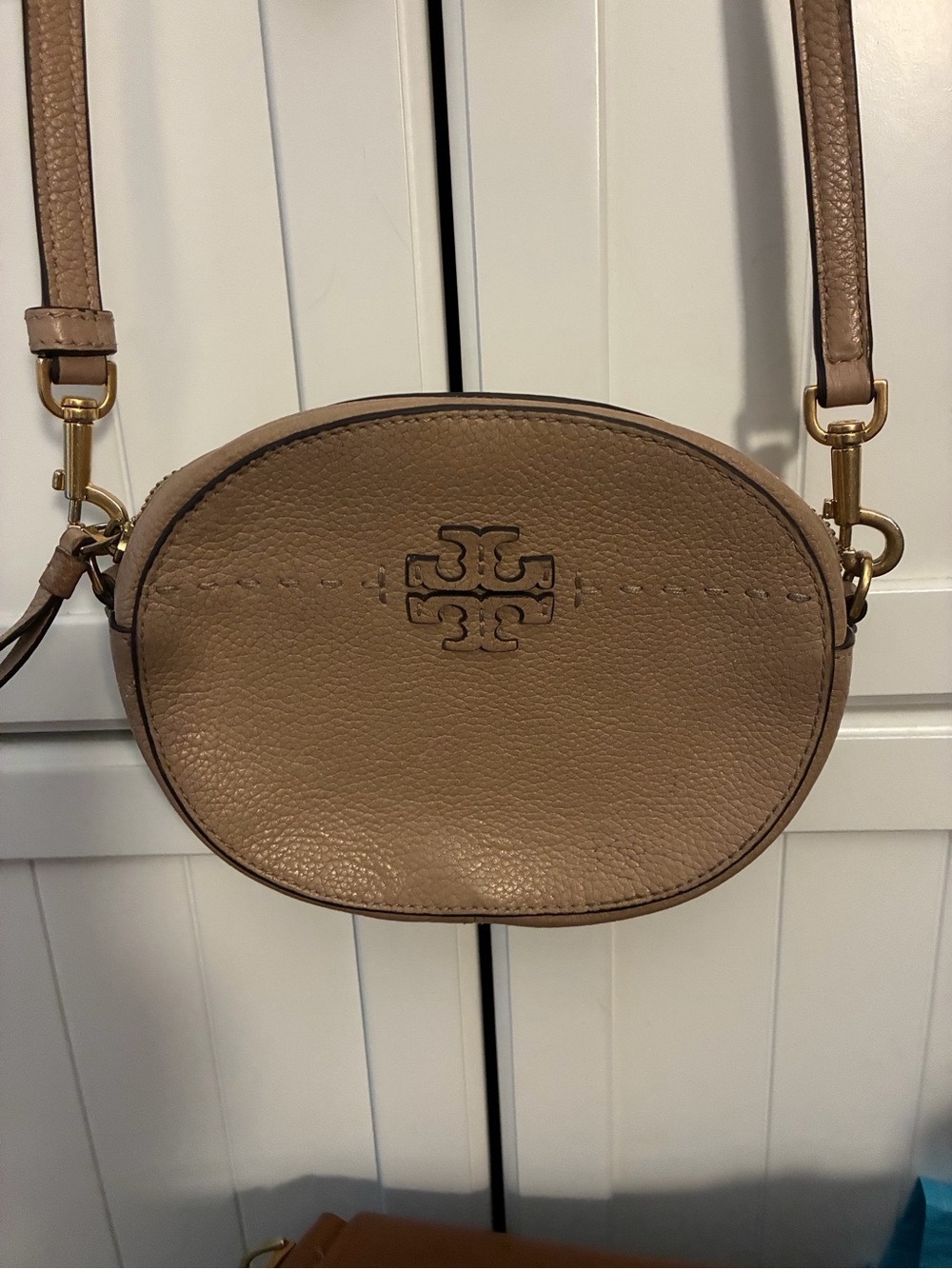Tory Burch Taupe Pebbled Leather Oval Crossbody with Logo